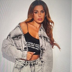 Gray Distressed DENIM Jacket Flap Pocket Drop Shoulder